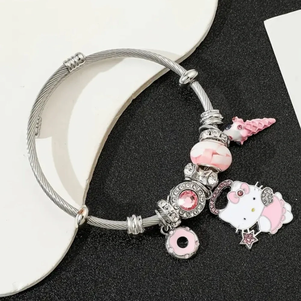 Sanrio Hello Kitty 2pcs Jewelry Set - Chic Pink Rhinestone Necklace & Bracelet,